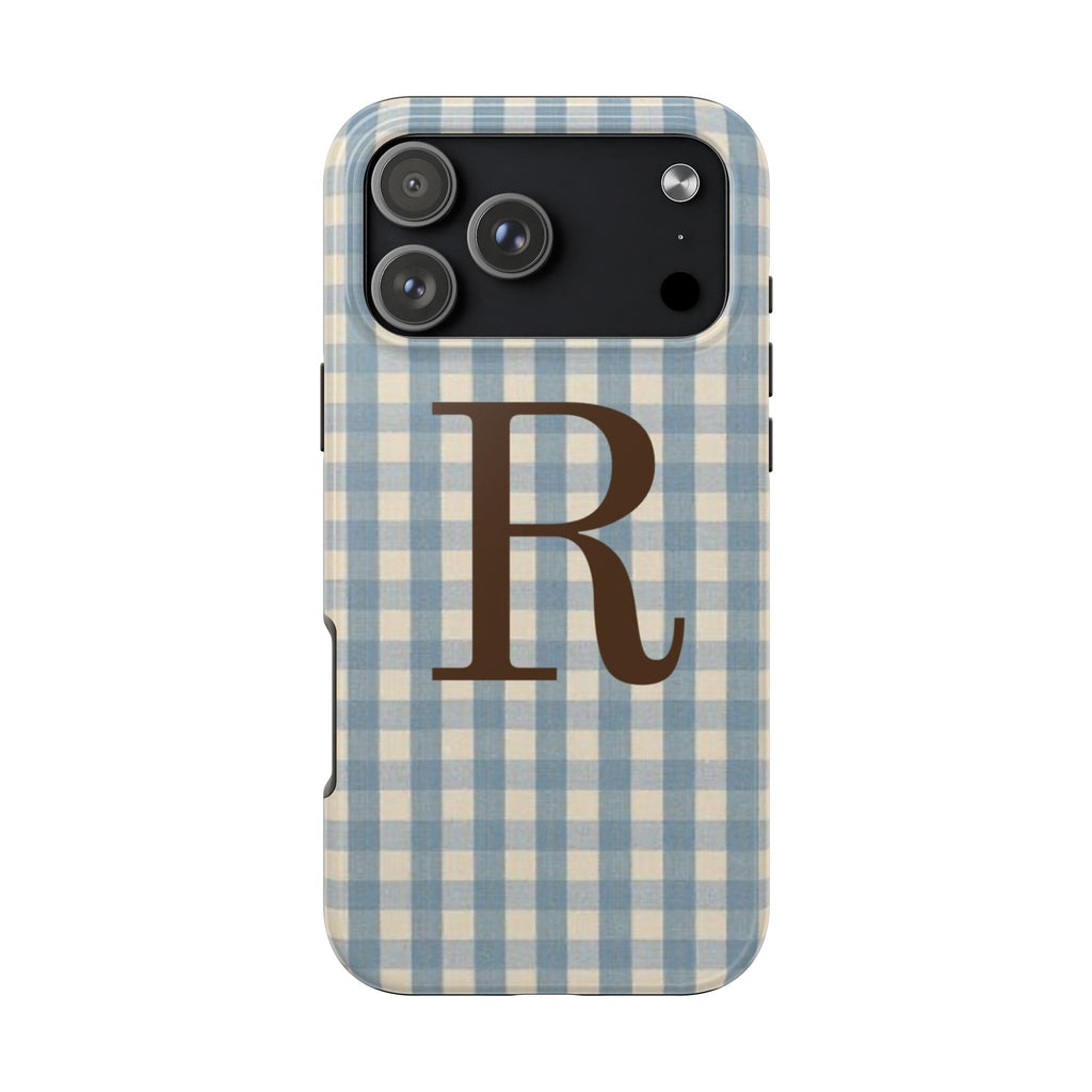 PERSONALIZED NAME CUSTOM VINTAGE BLUE GINGHAM BROWN INITIAL PHONE CASE