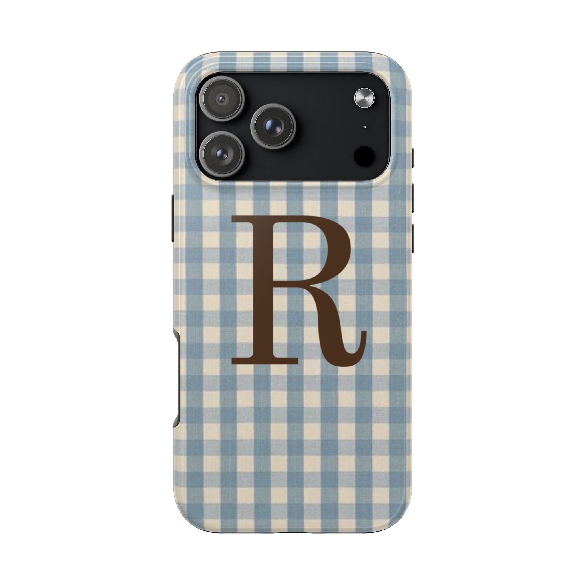 PERSONALIZED NAME CUSTOM VINTAGE BLUE GINGHAM BROWN INITIAL PHONE CASE