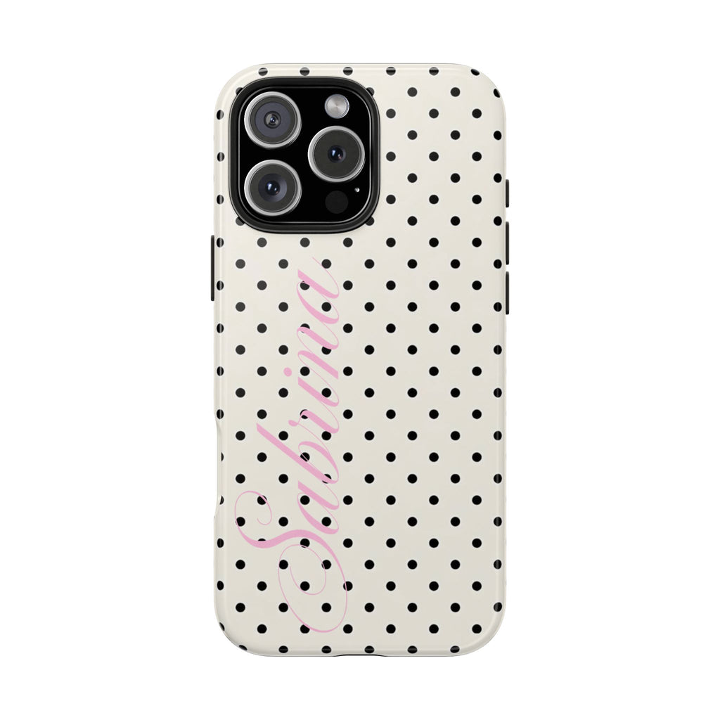 PERSONALIZED NAME CUSTOM BLACK & IVORY POLKA DOTS PINK PHONE CASE