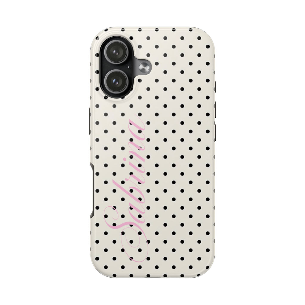 PERSONALIZED NAME CUSTOM BLACK & IVORY POLKA DOTS PINK PHONE CASE