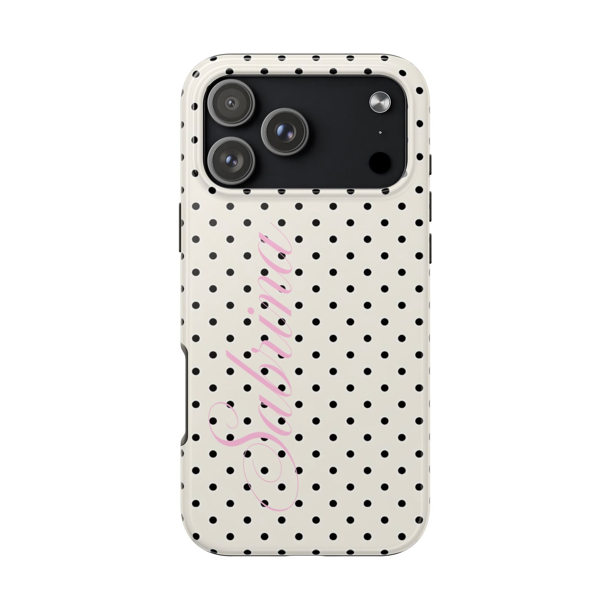 PERSONALIZED NAME CUSTOM BLACK & IVORY POLKA DOTS PINK PHONE CASE
