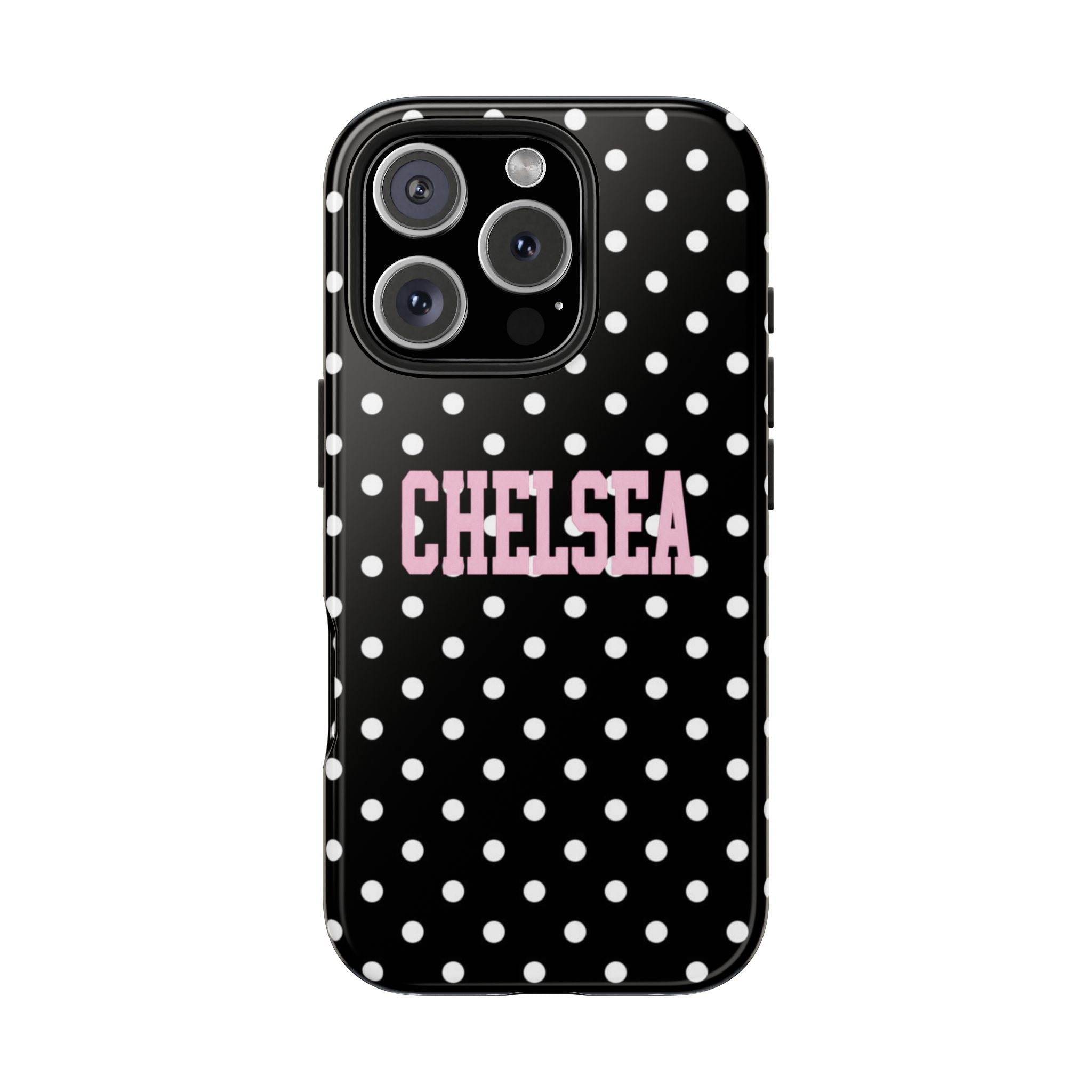 PERSONALIZED NAME CUSTOM BLACK & WHITE POLKA DOTS PINK VARSITY PHONE CASE