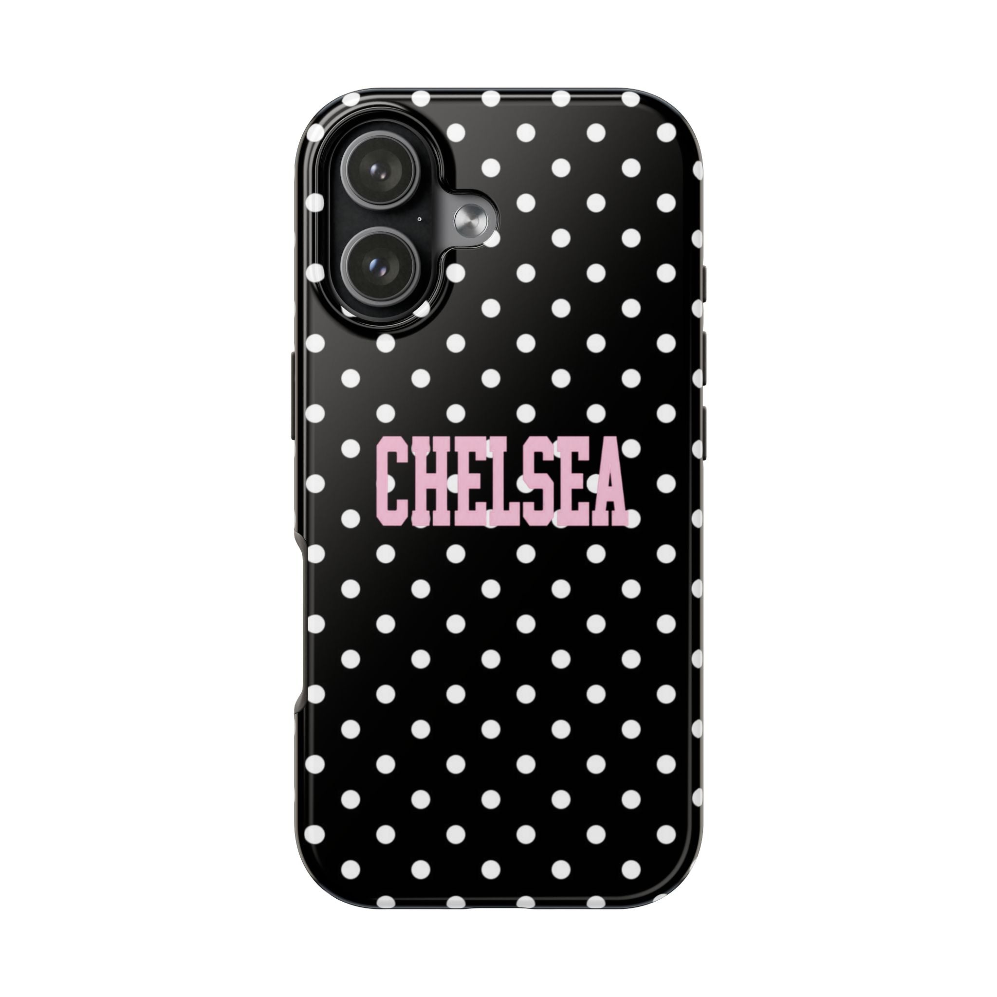 PERSONALIZED NAME CUSTOM BLACK & WHITE POLKA DOTS PINK VARSITY PHONE CASE