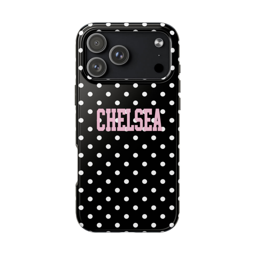 PERSONALIZED NAME CUSTOM BLACK & WHITE POLKA DOTS PINK VARSITY PHONE CASE