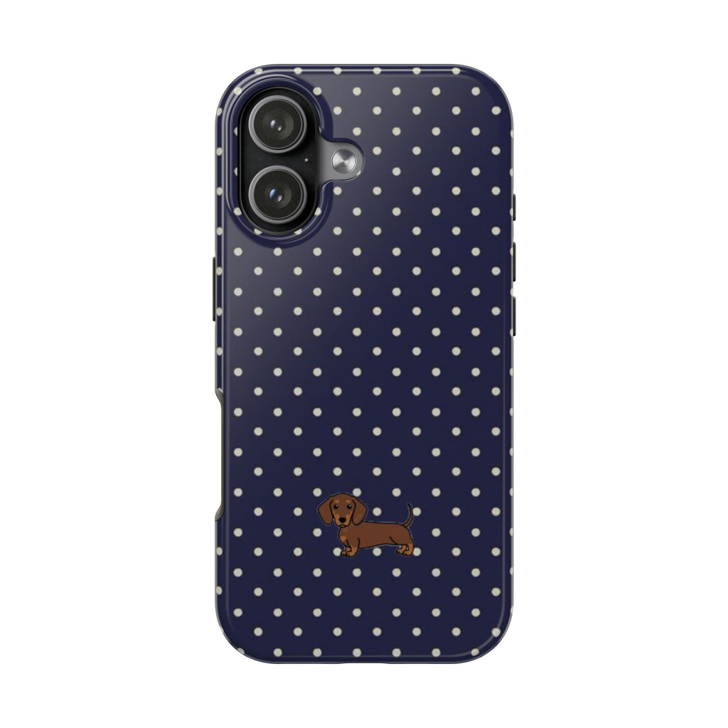 NAVY BLUE POLKA DOTS DACHSHUND PHONE CASE