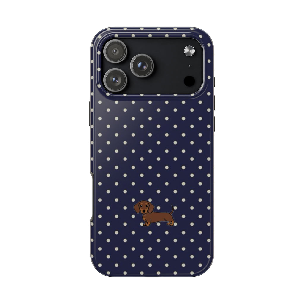 NAVY BLUE POLKA DOTS DACHSHUND PHONE CASE