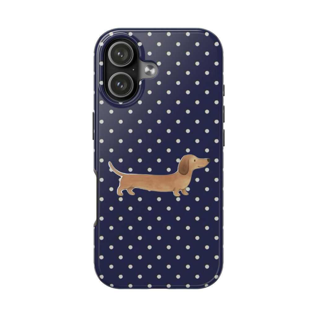 NAVY BLUE POLKA DOTS DACHSHUND PHONE CASE