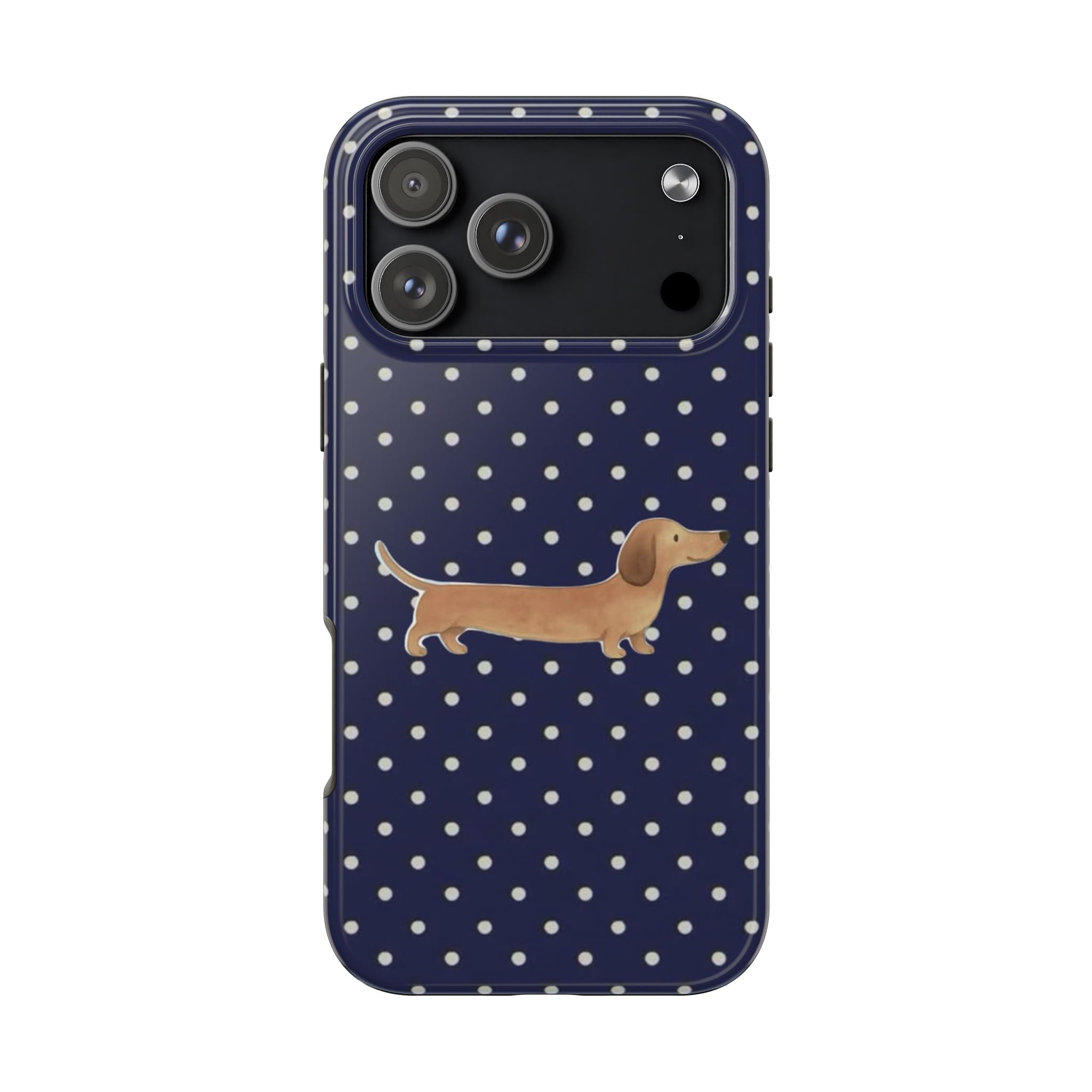 NAVY BLUE POLKA DOTS DACHSHUND PHONE CASE