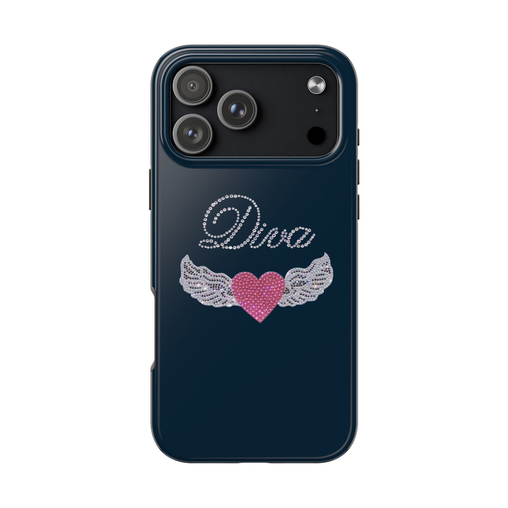 NAVY BEDAZZLED DIVA HEART PHONE CASE