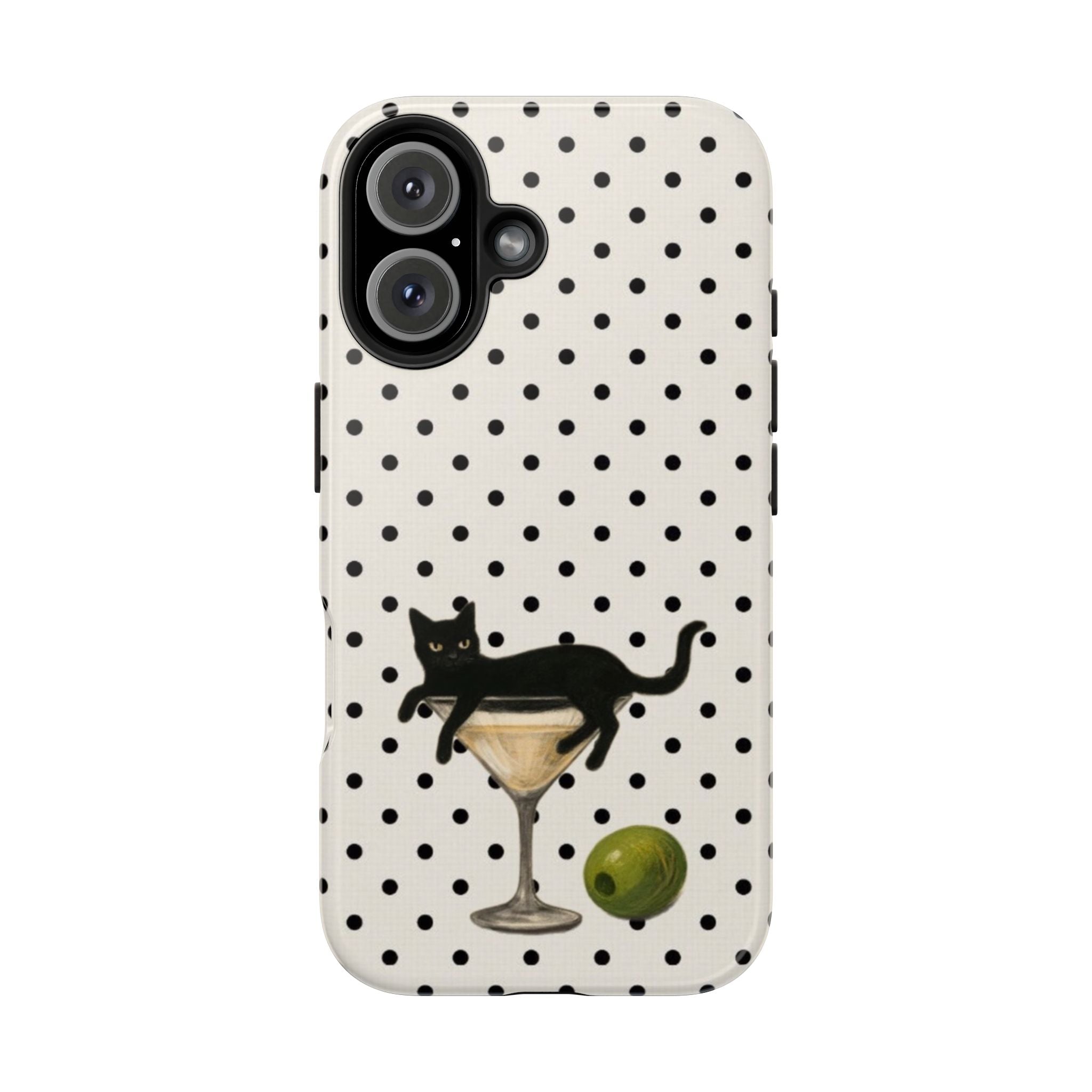 BLACK & WHITE POLKA DOTS CAT OLIVE MARTINI PHONE CASE