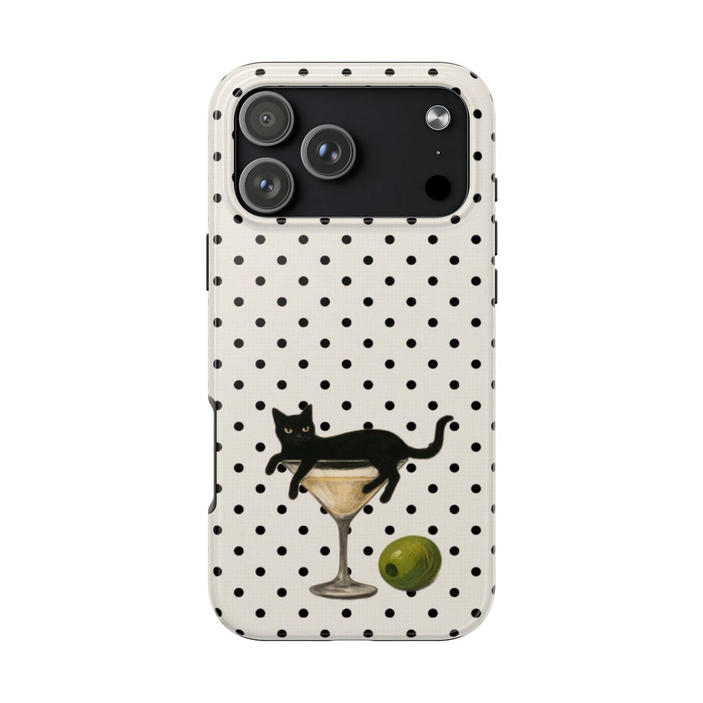 BLACK & WHITE POLKA DOTS CAT OLIVE MARTINI PHONE CASE