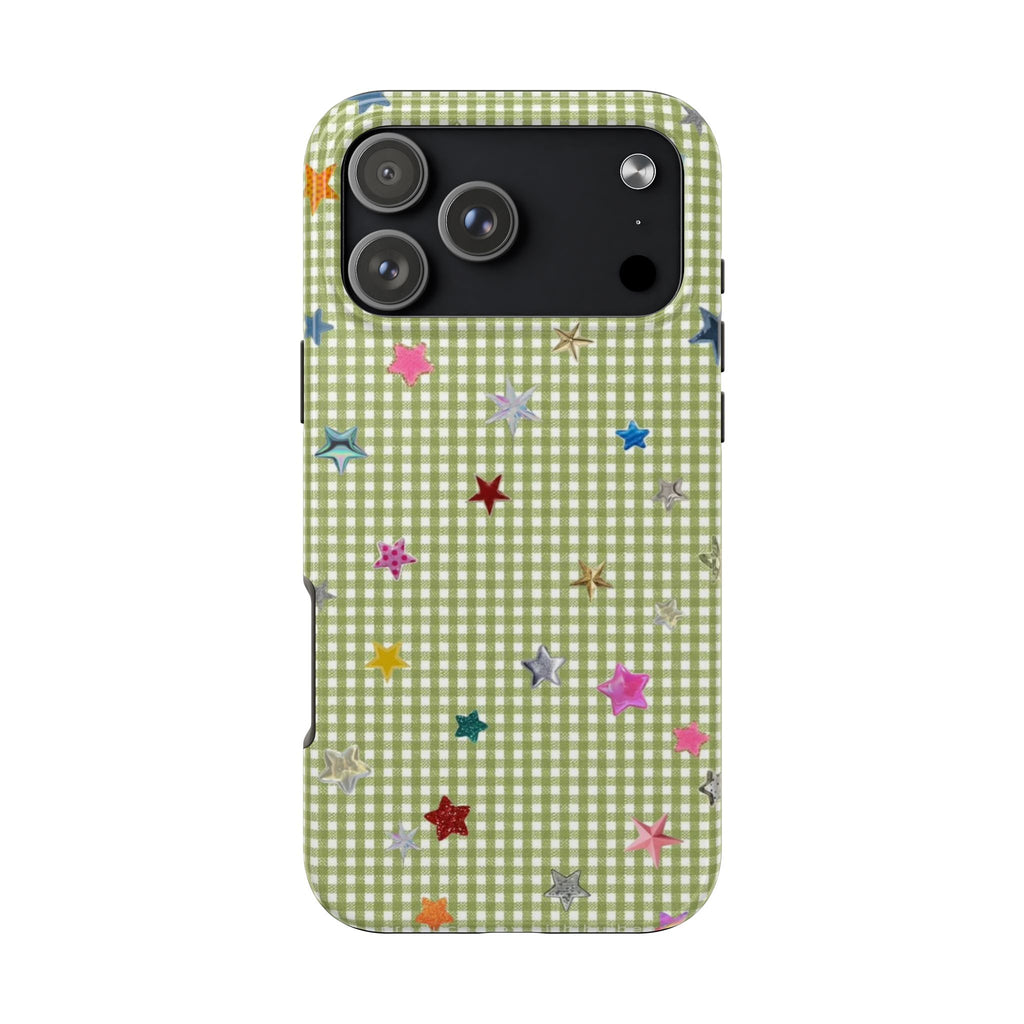GREEN GINGHAM EMBELLISHED STARS PHONE CASE