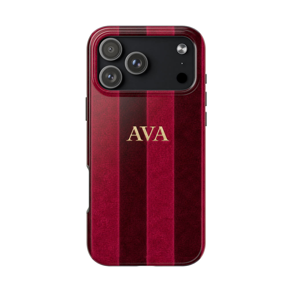 PERSONALIZED BURGUNDY VELVET STRIPES INITIALS NAME CUSTOM PHONE CASE