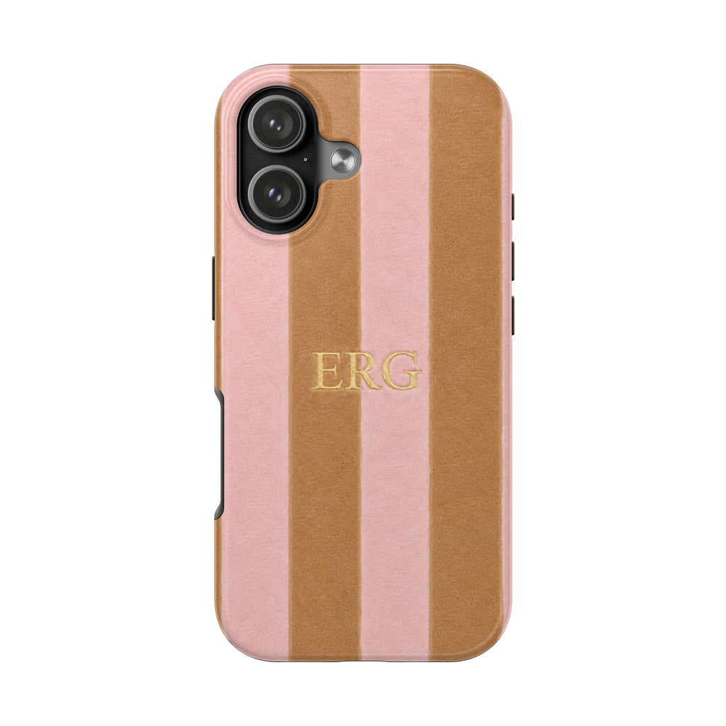 PERSONALIZED BEIGE & PINK STRIPES INITIALS NAME CUSTOM PHONE CASE