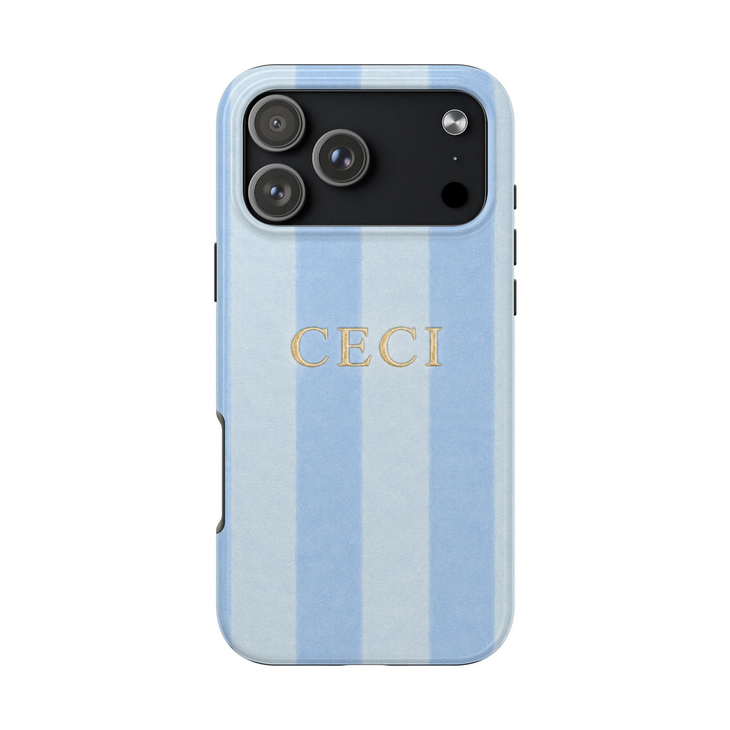 PERSONALIZED SOFT BLUE STRIPES INITIALS NAME CUSTOM PHONE CASE