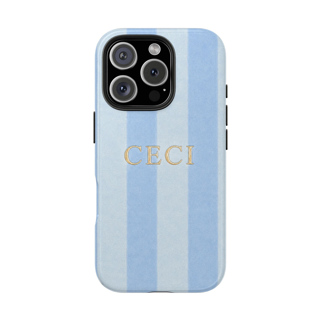 PERSONALIZED SOFT BLUE STRIPES INITIALS NAME CUSTOM PHONE CASE