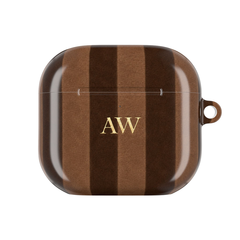 PERSONALIZED NAME CUSTOM BROWN VELVET STRIPES INITIALS AIRPOD CASE