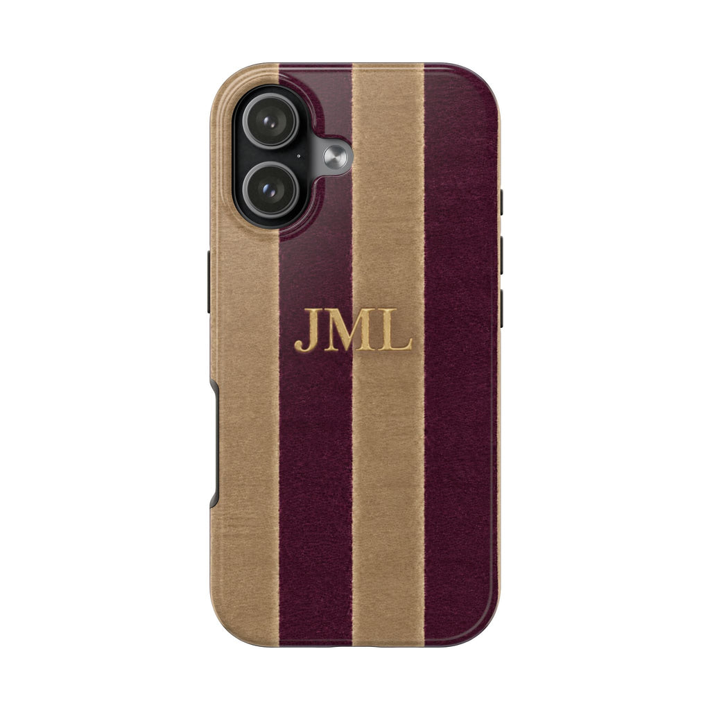PERSONALIZED DARK CHERRY & BEIGE VELVET STRIPES INITIALS NAME CUSTOM PHONE CASE