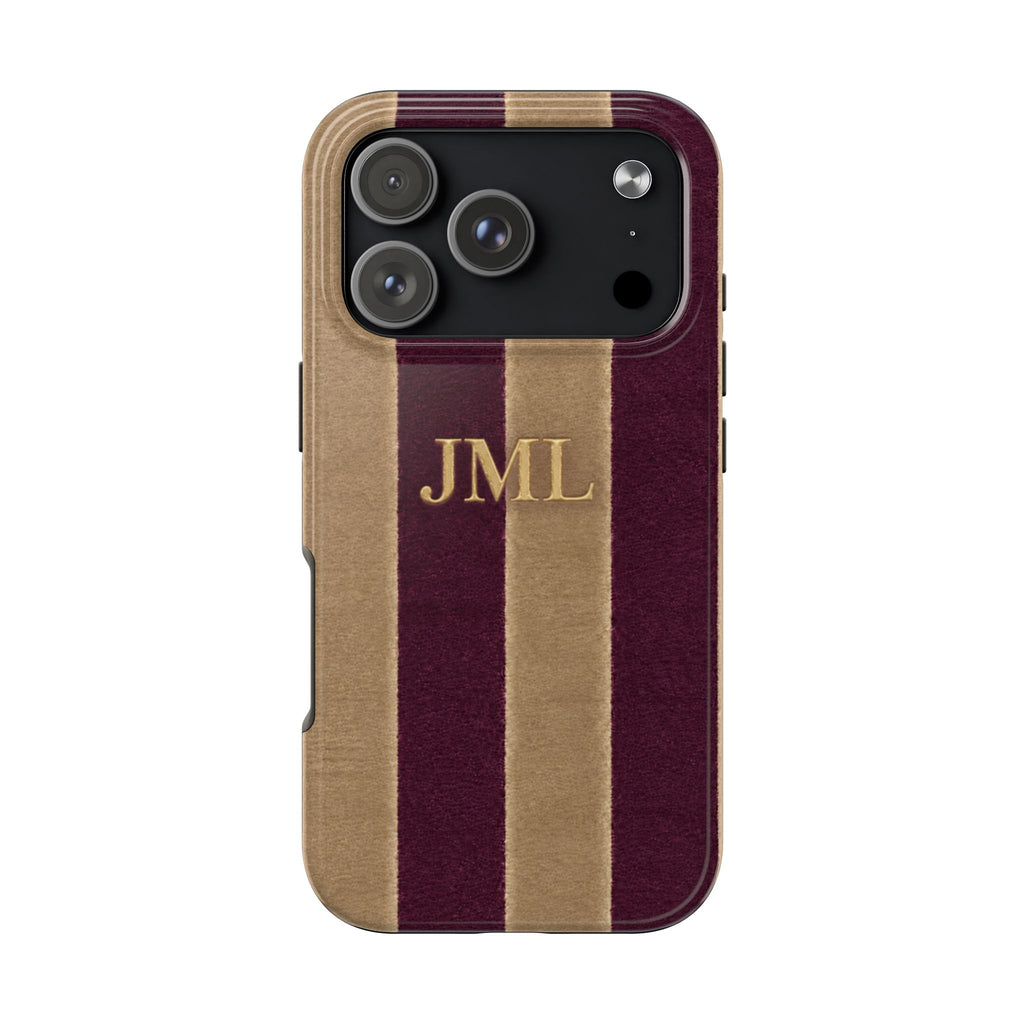 PERSONALIZED DARK CHERRY & BEIGE VELVET STRIPES INITIALS NAME CUSTOM PHONE CASE