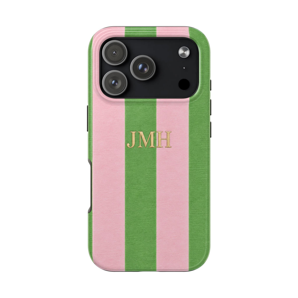 PERSONALIZED APPLE GREEN & PINK VELVET STRIPES INITIALS NAME CUSTOM PHONE CASE
