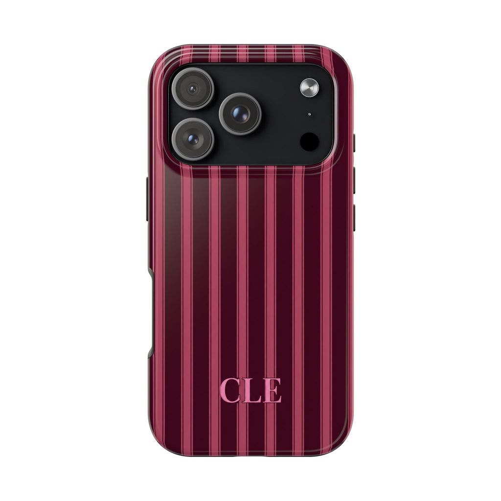 PERSONALIZED DARK CHERRY CLASSIC STRIPES INITIALS NAME CUSTOM PHONE CASE