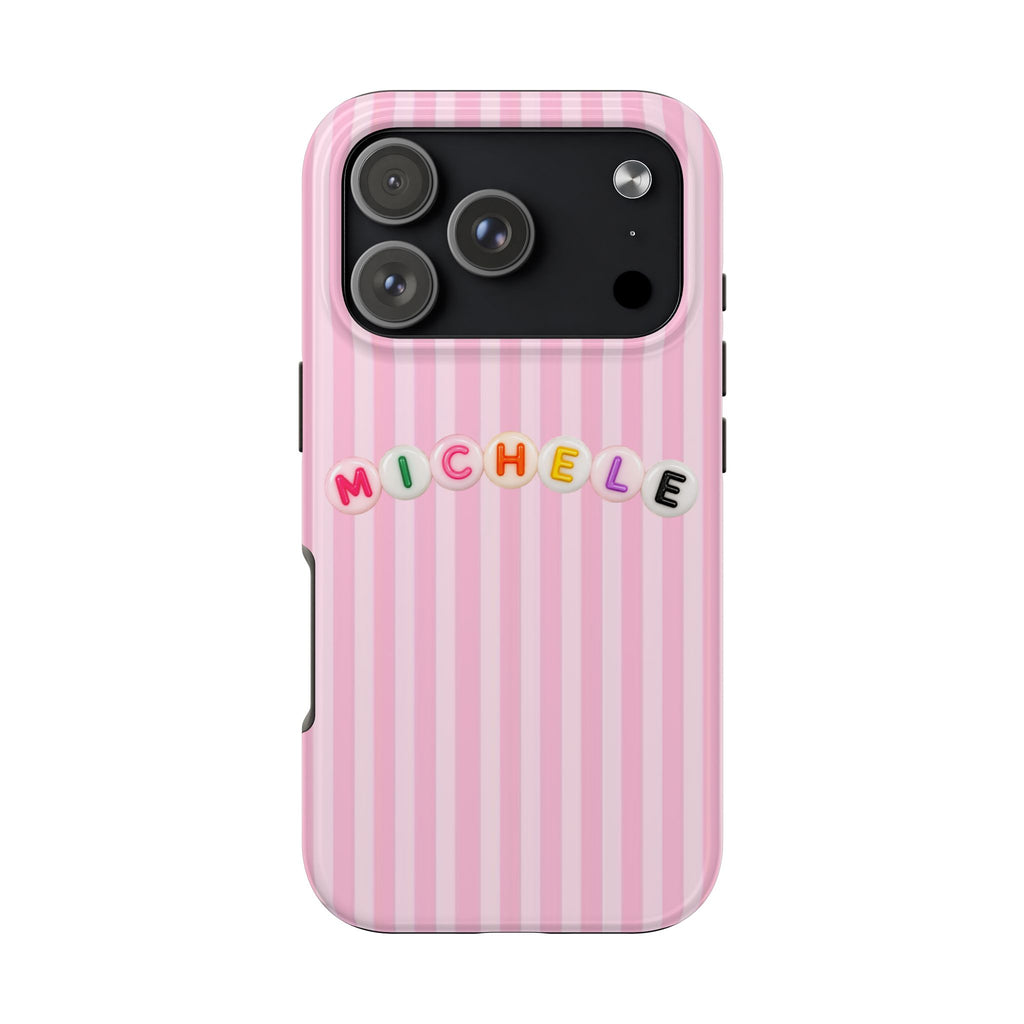 PERSONALIZED PINK STRIPES LETTER BEADS CUSTOM NAME PHONE CASE