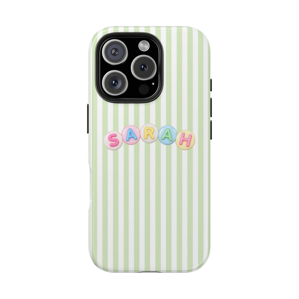 PERSONALIZED GREEN STRIPES LETTER BEADS CUSTOM NAME PHONE CASE