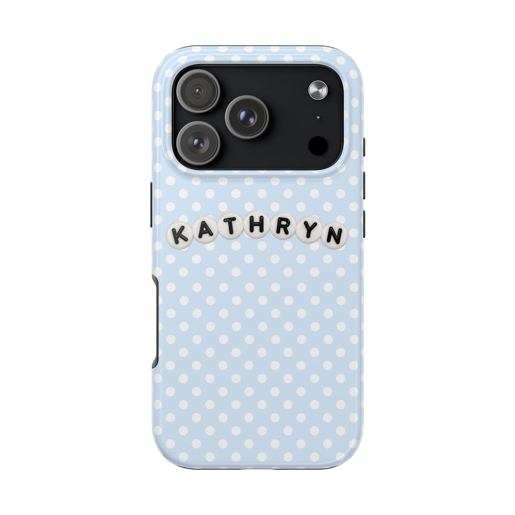 PERSONALIZED BLUE POLKA DOTS LETTER BEADS CUSTOM NAME PHONE CASE