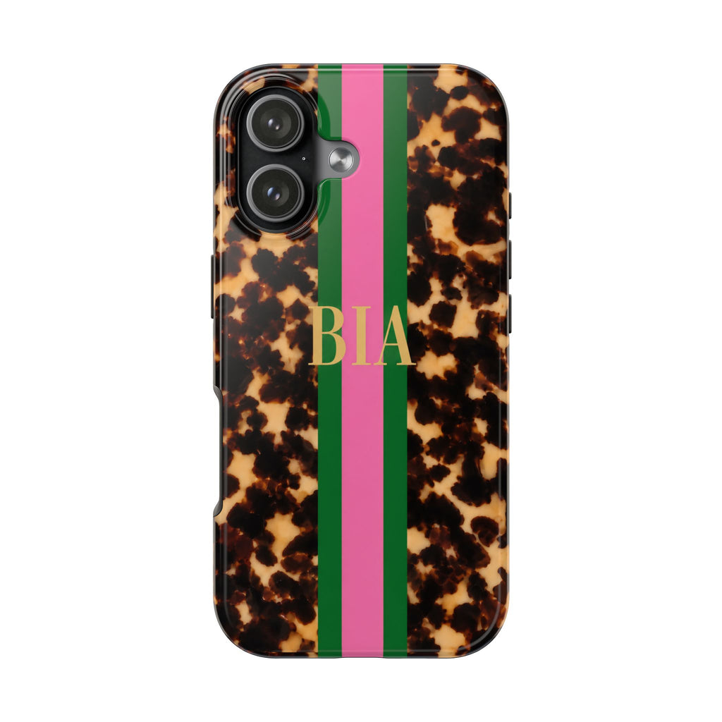 PERSONALIZED TORTOISE SHELL PINK & GREEN MONOGRAM STRIPE INITIALS CUSTOM NAME PHONE CASE