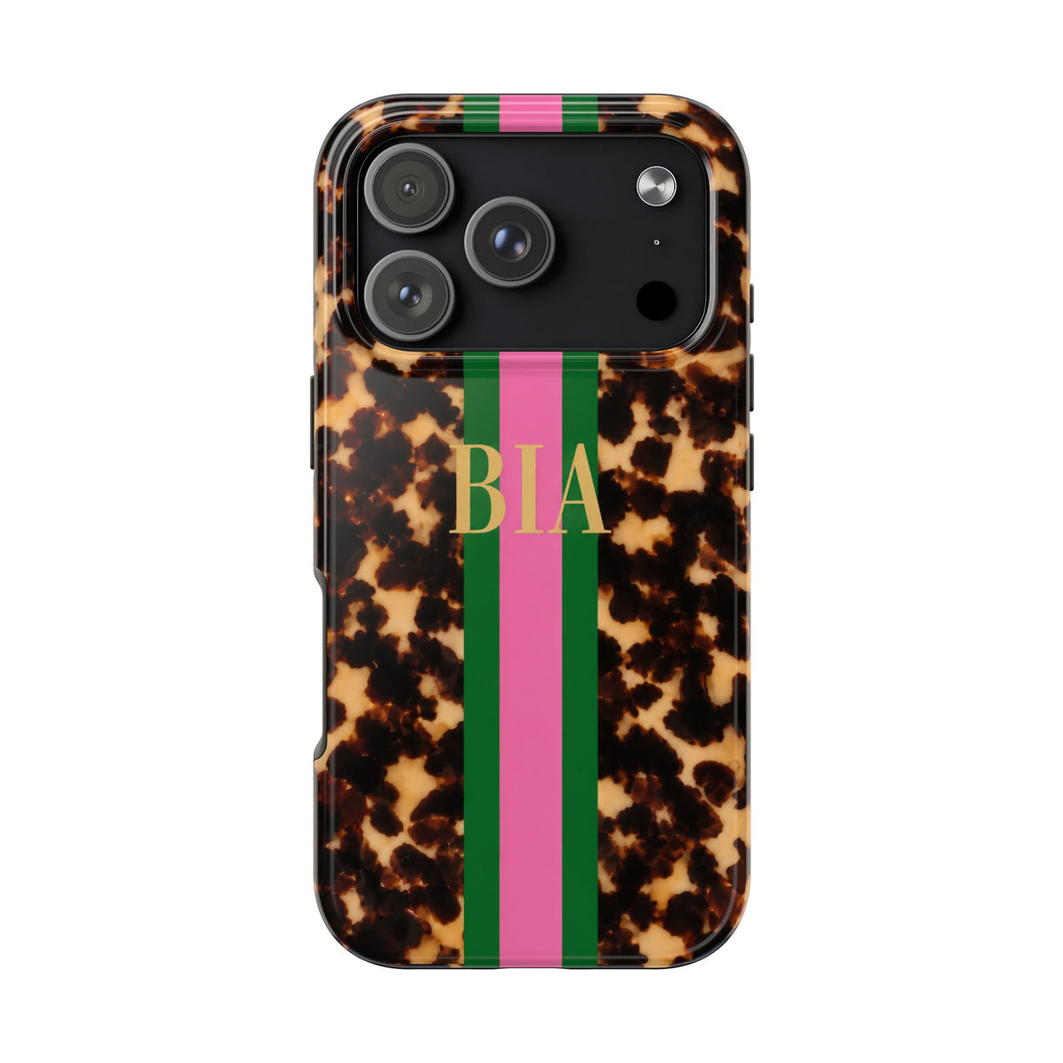 PERSONALIZED TORTOISE SHELL PINK & GREEN MONOGRAM STRIPE INITIALS CUSTOM NAME PHONE CASE