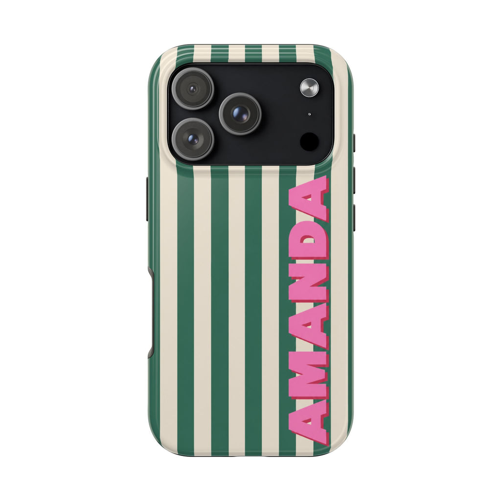 PERSONALIZED RETRO CABANA STRIPES GREEN CUSTOM NAME PHONE CASE