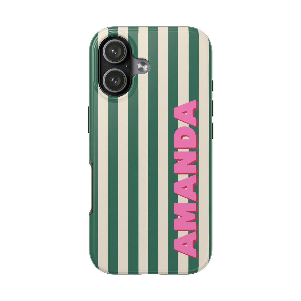 PERSONALIZED RETRO CABANA STRIPES GREEN CUSTOM NAME PHONE CASE