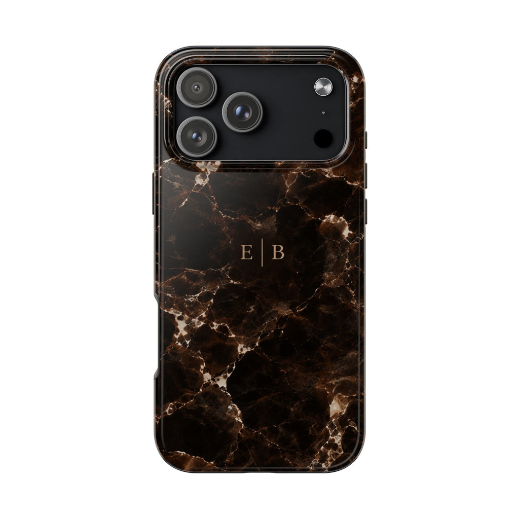 PERSONALIZED DARK BROWN MARBLE MONOGRAM INITIALS CUSTOM NAME PHONE CASE