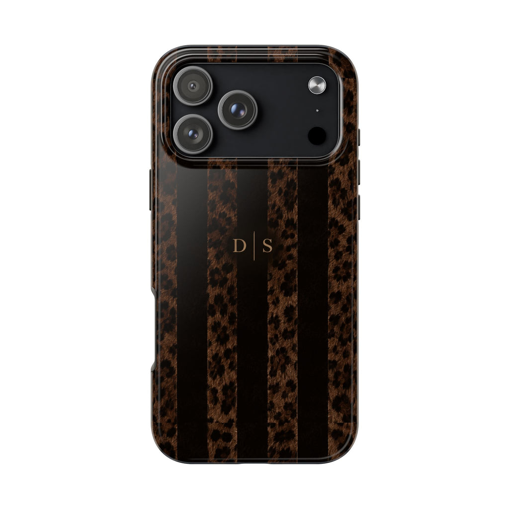 PERSONALIZED BLACK & BROWN LEOPARD STRIPES MONOGRAM INITIALS CUSTOM NAME PHONE CASE