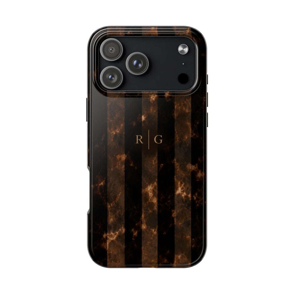 PERSONALIZED DARK BROWN MARBLE STRIPES MONOGRAM INITIALS CUSTOM NAME PHONE CASE