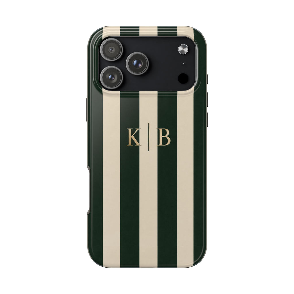 PERSONALIZED BEIGE & GREEN STRIPES CUSTOM MONOGRAM INITIALS NAME PHONE CASE
