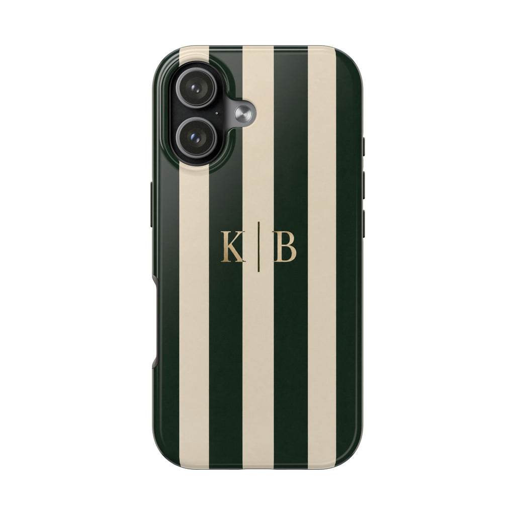 PERSONALIZED BEIGE & GREEN STRIPES CUSTOM MONOGRAM INITIALS NAME PHONE CASE