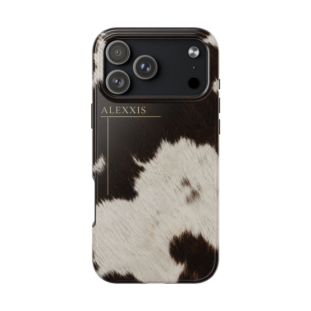 PERSONALIZED LARGE BROWN COWHIDE CUSTOM GOLD NAME PHONE CASE