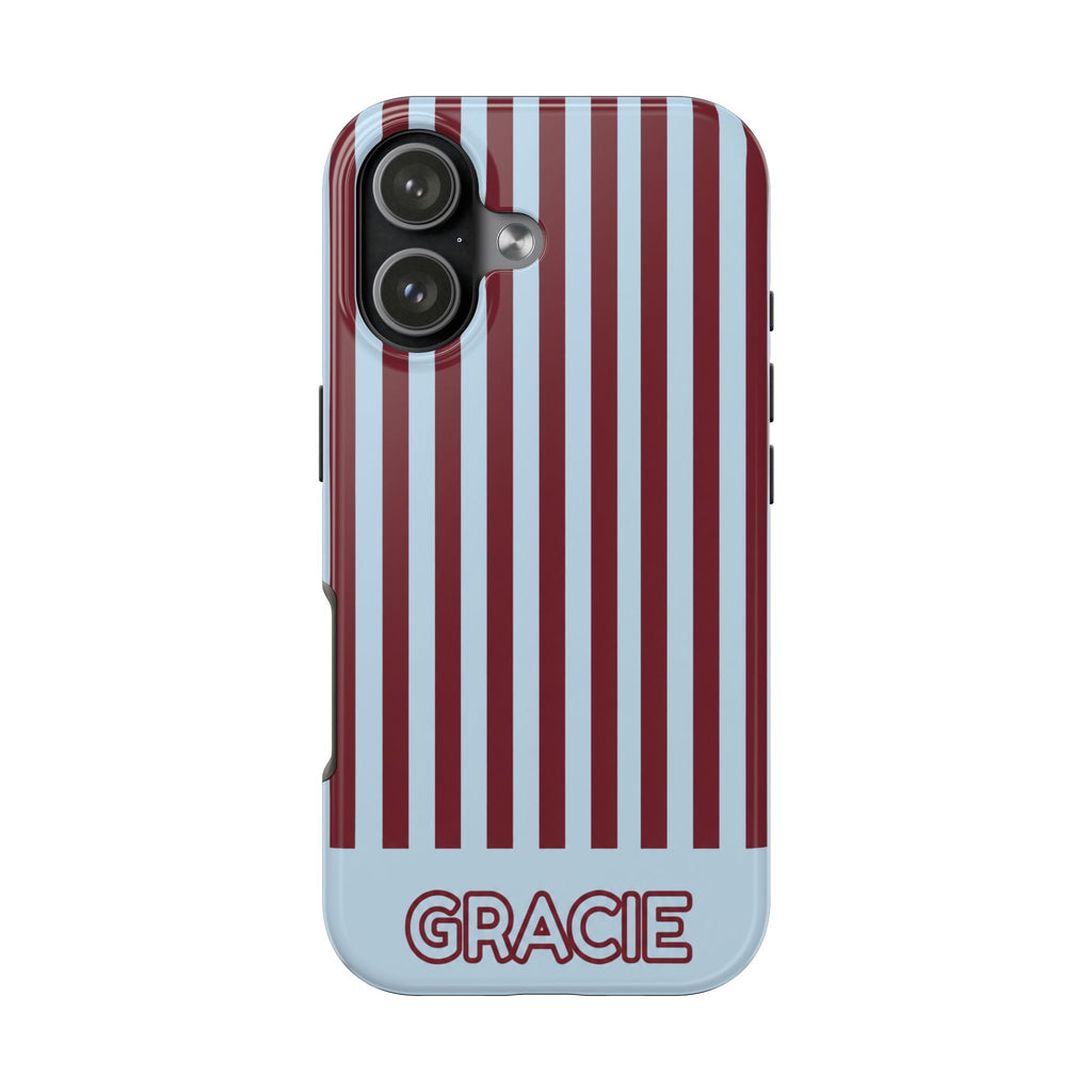 PERSONALIZED BURGUNDY BLUE STRIPES CUSTOM NAME PHONE CASE