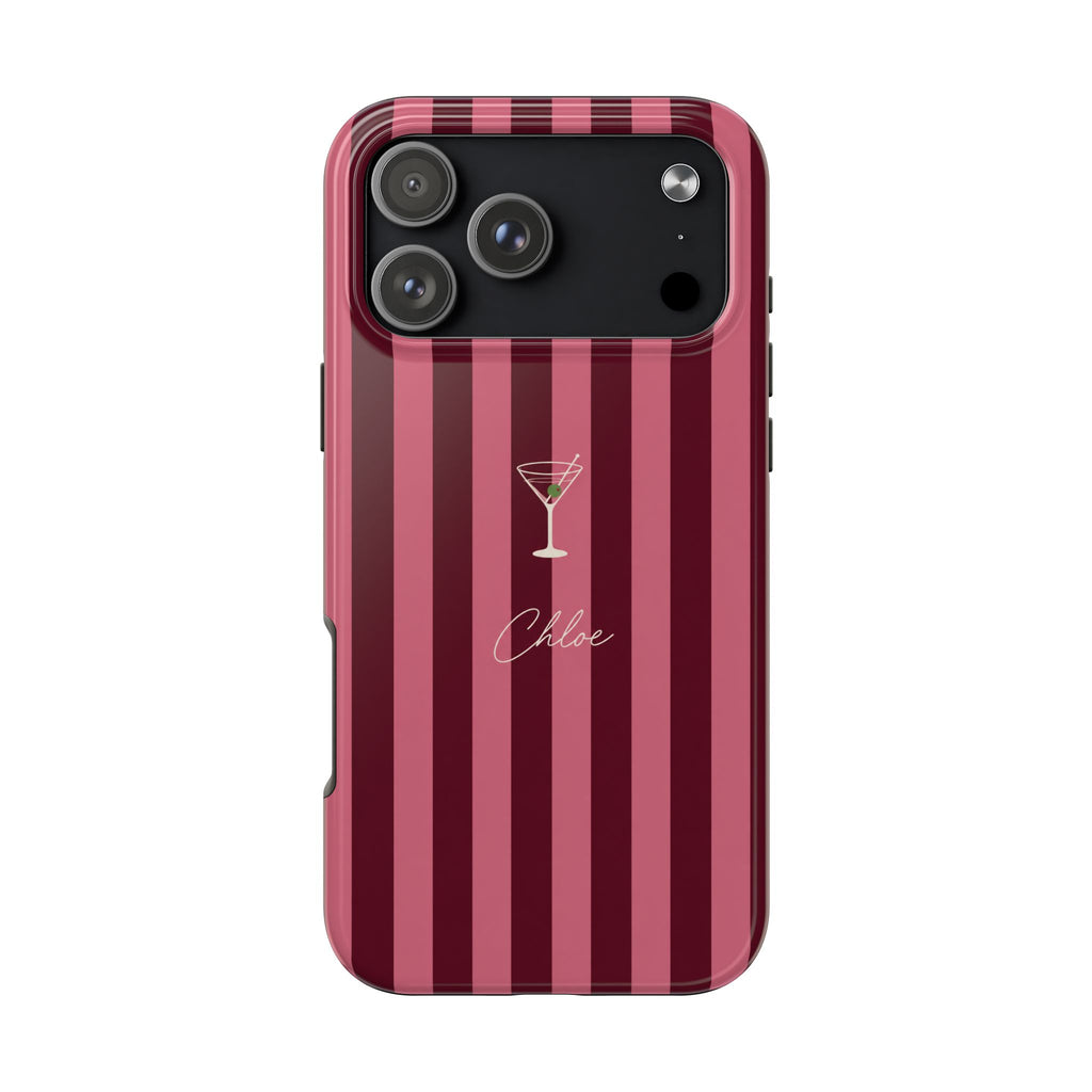 PERSONALIZED BURGUNDY STRIPES OLIVE MARTINI CUSTOM NAME PHONE CASE