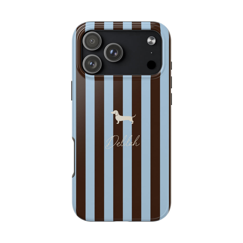 PERSONALIZED BROWN & BLUE STRIPES DACHSHUND CUSTOM NAME PHONE CASE