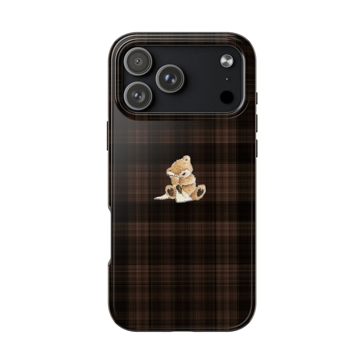 DARK BROWN PLAID MINI COZY TEDDY BEAR PHONE CASE