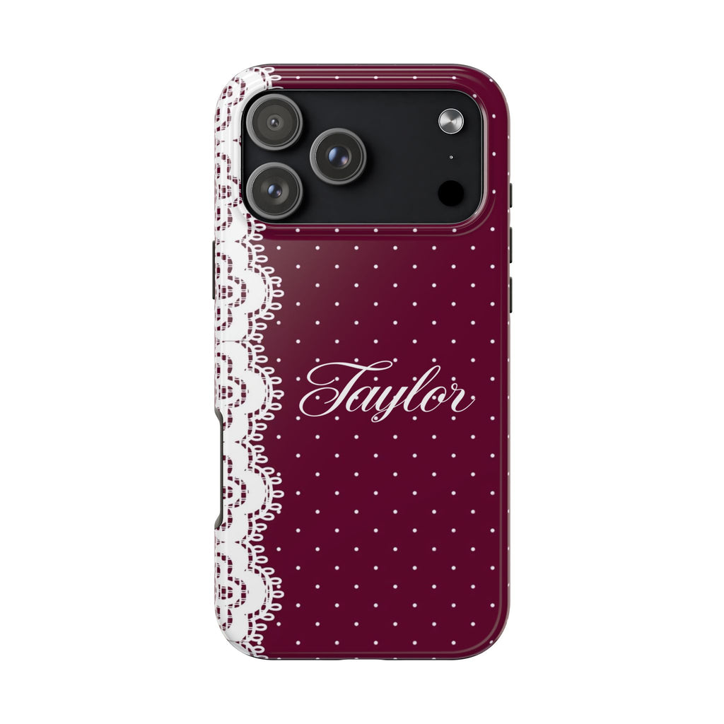 PERSONALIZED BURGUNDY POLKA DOTS WHITE LACE CUSTOM NAME PHONE CASE