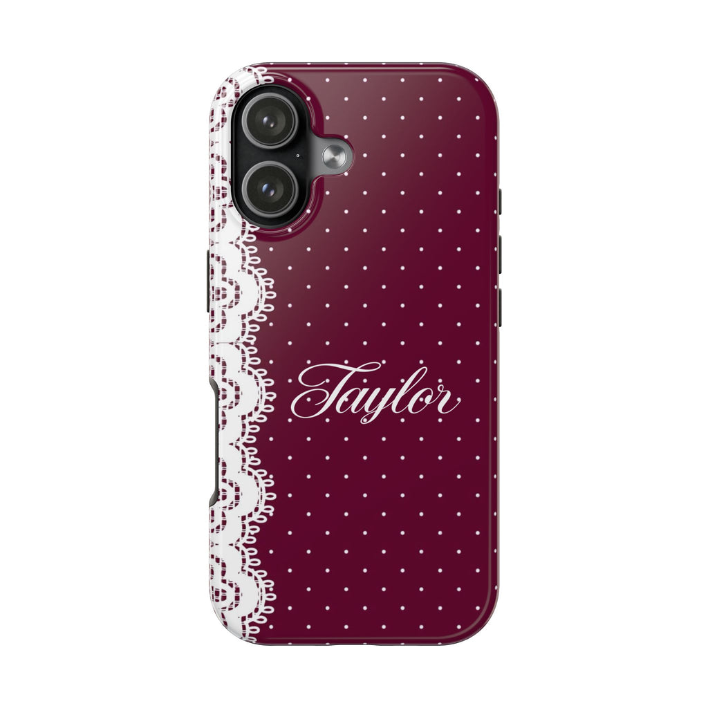 PERSONALIZED BURGUNDY POLKA DOTS WHITE LACE CUSTOM NAME PHONE CASE