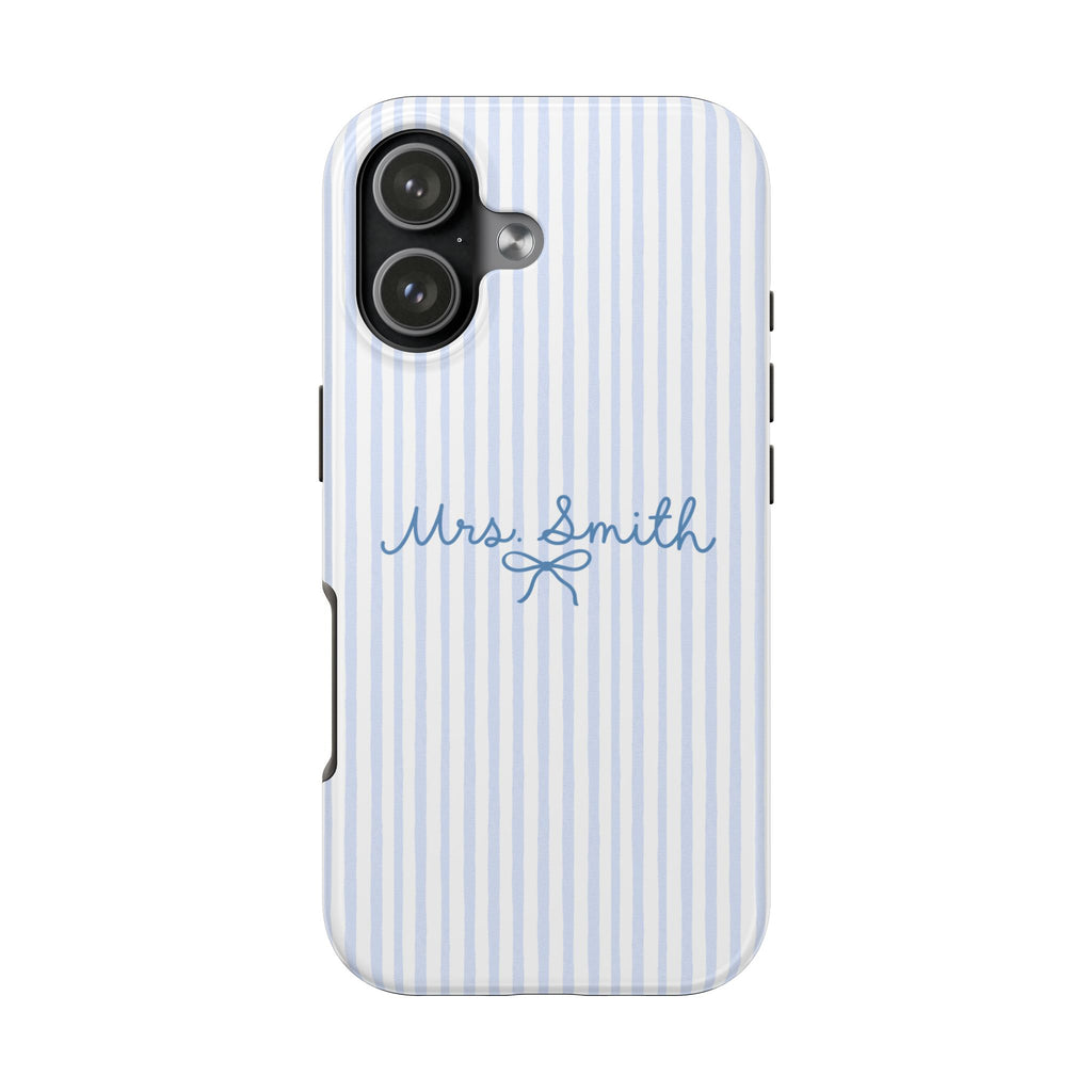 PERSONALIZED BLUE STRIPES MRS BRIDAL BOW CUSTOM NAME WEDDING PHONE CASE