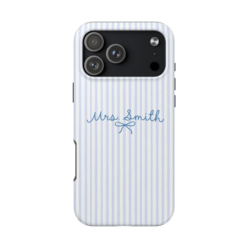 PERSONALIZED BLUE STRIPES MRS BRIDAL BOW CUSTOM NAME WEDDING PHONE CASE