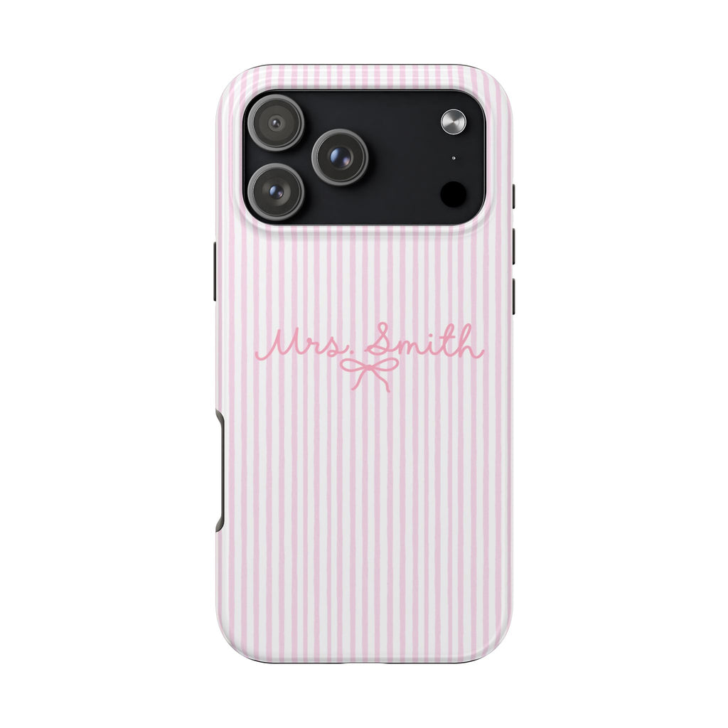 PERSONALIZED PINK STRIPES MRS BRIDAL BOW CUSTOM NAME WEDDING PHONE CASE