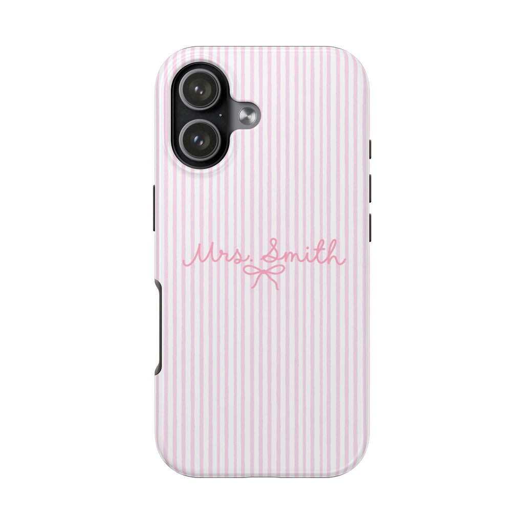 PERSONALIZED PINK STRIPES MRS BRIDAL BOW CUSTOM NAME WEDDING PHONE CASE