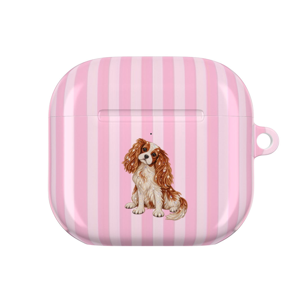 PINK STRIPES KING CHARLES CAVALIER DOG AIRPOD CASE
