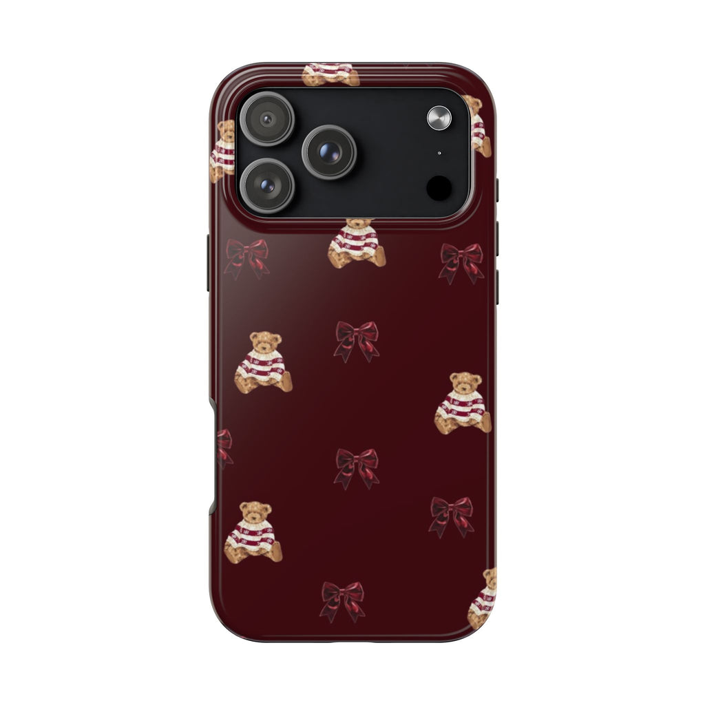 BURGUNDY CHRISTMAS TEDDY BEAR BOW PHONE CASE
